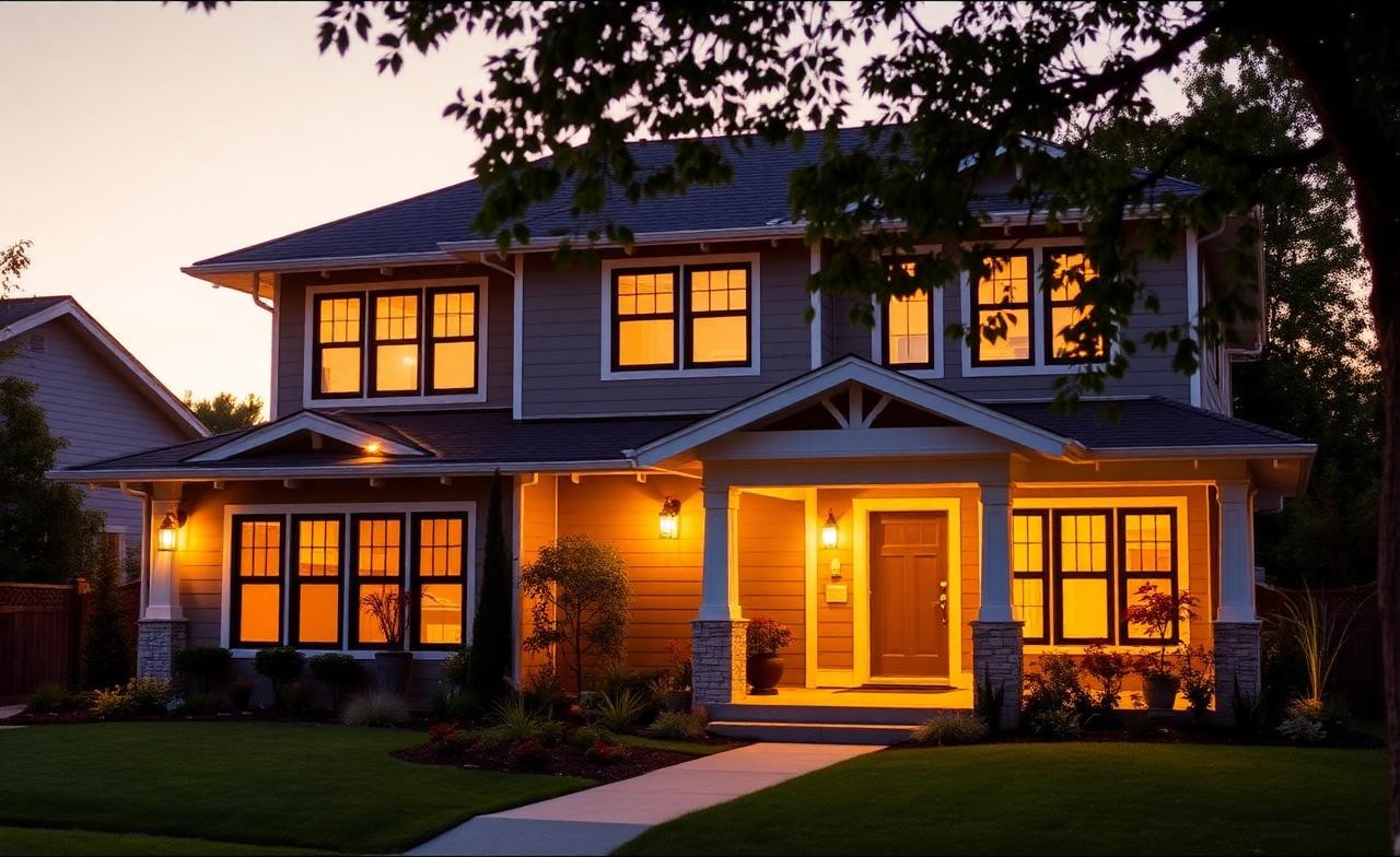 A well-cared-for home at dusk