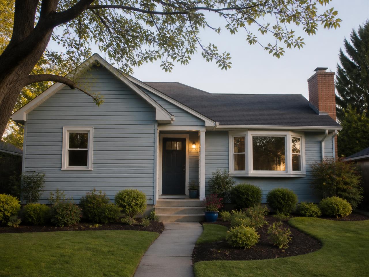 A tidy, well-maintained suburban home in the late afternoon
