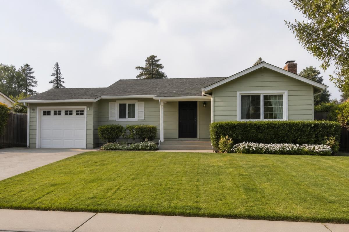 A tidy suburban bungalow on a sunny morning